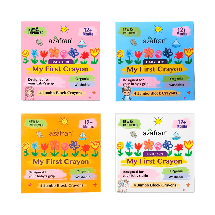 Azafran My First Crayon for Kids | Smooth, Durable, Easy-to-Grip Wax Crayons | Perfect for Coloring Books, Art Projects & School Supplies Combo - Pack of 4 Variants